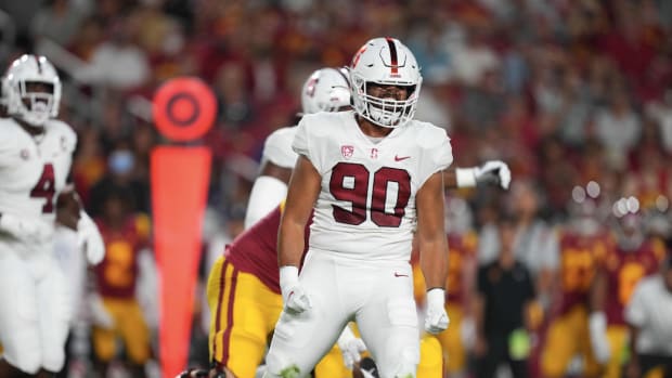Stanford Cardinal linebacker Gabe Reid (90) celebrates in the first quarter against the Southern California Trojans at United Airlines Field at Los Angeles Memorial Coliseum.